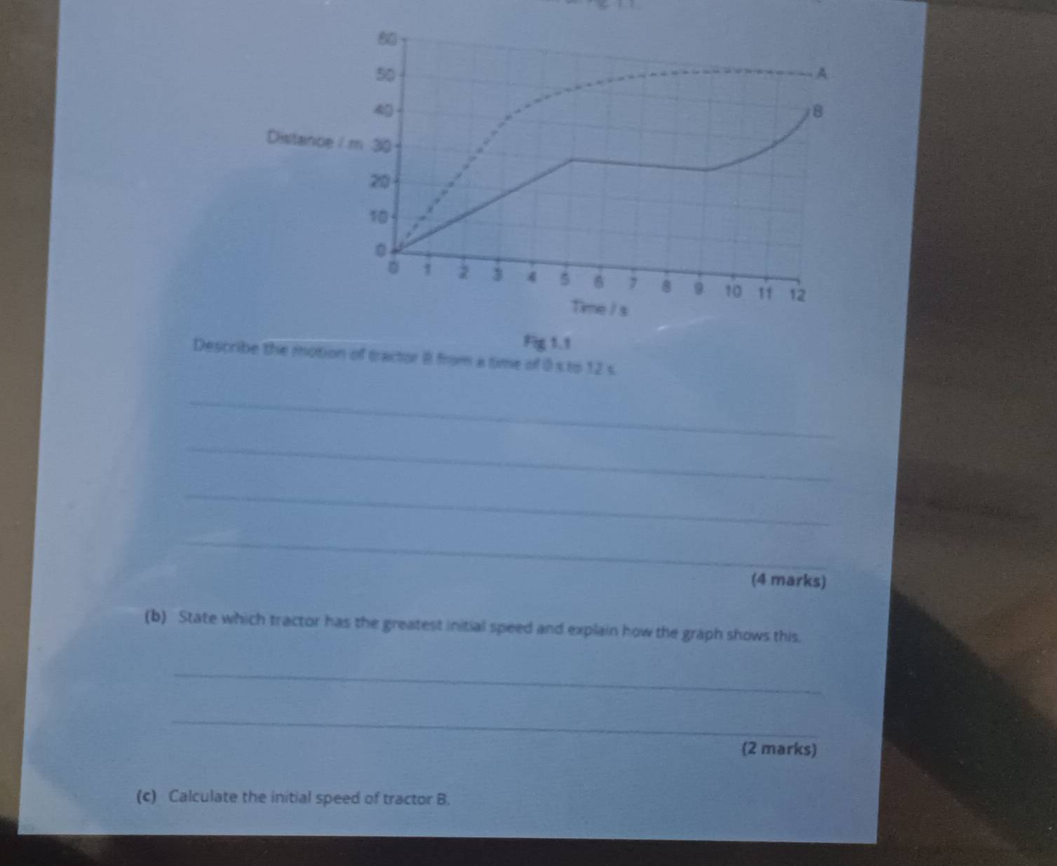 50
50
A
4
8
Distance / m 30
20
10
。 
D 1 2 3 4 5 6 7 8 9 10 12
Time I s 
Fg 1.1
Describe the motion of tractor 8 from a time of 0 s to 12 s. 
_ 
_ 
_ 
_ 
(4 marks) 
(b) State which tractor has the greatest initial speed and explain how the graph shows this. 
_ 
_ 
(2 marks) 
(c) Calculate the initial speed of tractor B.
