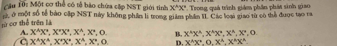 Một cơ thể có tế bào chứa cặp NST giới tính X^AX^a *. Trong quá trình giảm phân phát sinh giao
m, ở một số tế bào cặp NST này không phân li trong giảm phân II. Các loại giao tử có thể được tạo ra
từ cơ thể trên là
A. X^AX^a, X^a, X^(wedge), X^a,O. X^(wedge)X^(wedge), X^(wedge)X^(wedge), X^(wedge), X^(wedge) , O.
B.
C X^(A^A, X^a)X^(wedge), X^(wedge), X^(wedge), O.
D. X^(wedge ,O,X^wedge), X^(wedge), X^(wedge)X^(wedge)