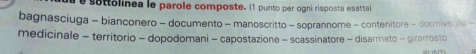 à é sottolinea le parole composte. (1 punto per ogni risposta esatta) 
bagnasciuga - bianconero - documento - manoscritto - soprannome - contenitore - dormivegla - 
medicinale - territorio - dopodomani - capostazione - scassinatore - disarmato - girarrosto