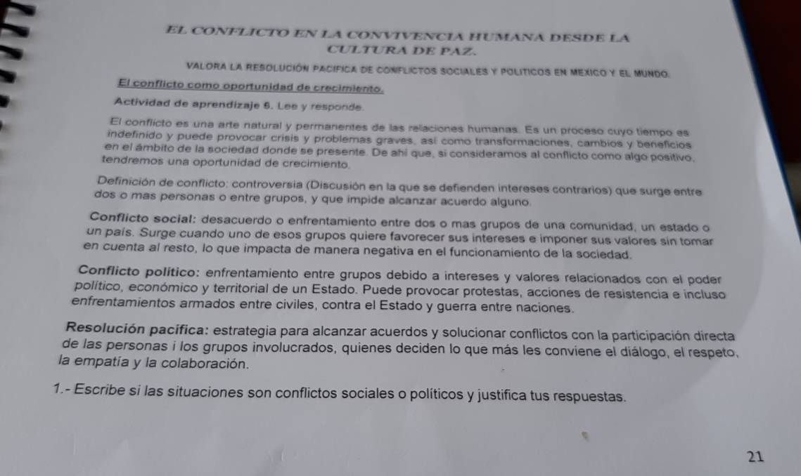 Resuelto:EL CONFLICTO EN LA CONVIVENCIA HUMANA DESDE LA CULTURA DE PAZ ...