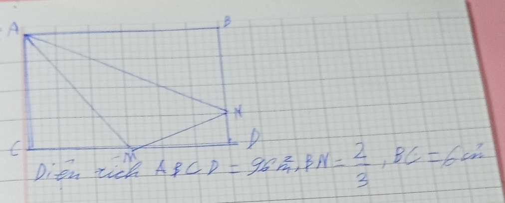 Dien tich ABCD=96m^2, BN= 2/3 , BC=6cm^3