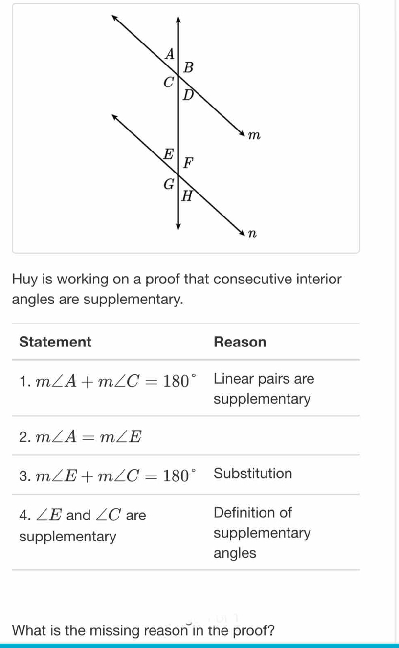 Huy is working on a proof that consecutive interior 
angles are supplementary. 
Statement Reason 
1. m∠ A+m∠ C=180° Linear pairs are 
supplementary 
2. m∠ A=m∠ E
3. m∠ E+m∠ C=180° Substitution 
4. ∠ E and ∠ C are Definition of 
supplementary supplementary 
angles 
What is the missing reason in the proof?