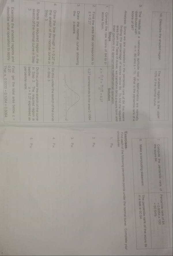 Describe the shaded region The shaded region is the upper
10% of the rormal curve.
3. The results of a nationwide aptitude test in Mathematics are normally
distributed with m=80 an a=15
score of 84? What is the percentie rank of a
Analysis. Since we are interested in the percentile rank of 64, this means Exercises
area from the Ta procedures Find each of the following percentile points under the normal curve. Complete your
finding the percentage of scores below 84 To find the required
. Pao
2 Pac
3
Pis
4 Ps
5.
P≌z
6. 
That is 0.5000+0.1064=0.6064