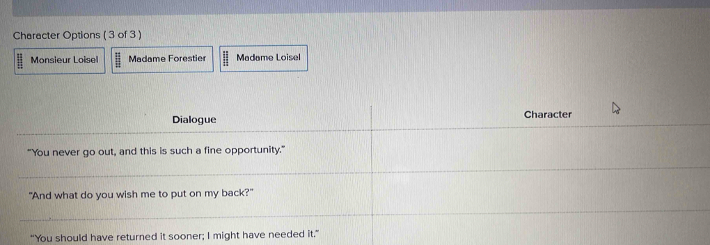 Character Options ( 3 of 3 ) 
Monsieur Loisel Madame Forestier  11/11  Madame Loisel 
Dialogue Character 
“You never go out, and this is such a fine opportunity.” 
"And what do you wish me to put on my back?" 
“You should have returned it sooner; I might have needed it.”