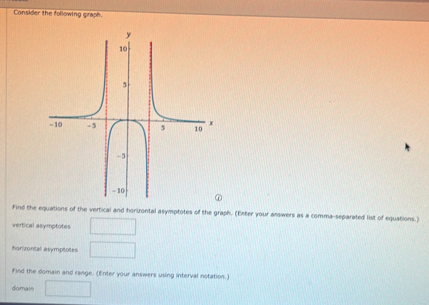 Consider the following graph. 
Find the equations of the vertical and horizontal asymptotes of the graph. (Enter your answers as a comma-separated list of equations.) 
vertical asymptotes 
horizontal asymptotes 
Find the domain and range. (Enter your answers using interval notation.) 
domain