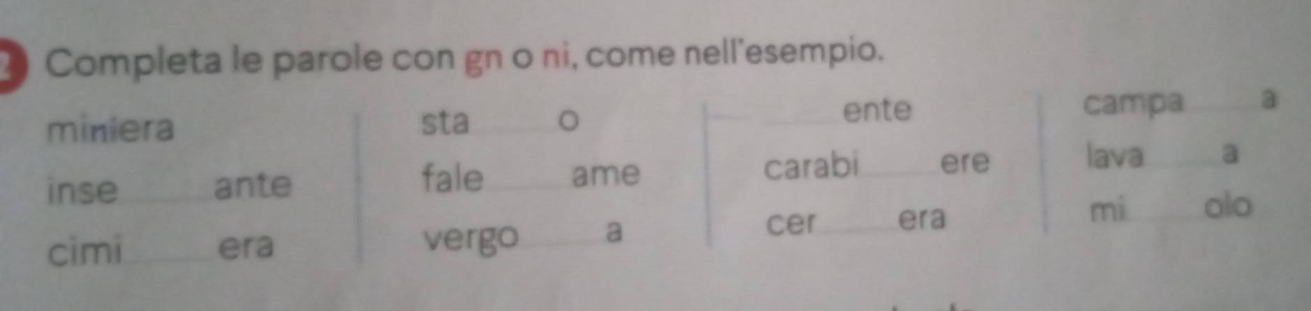 Completa le parole con gn o ni, come nell'esempio.