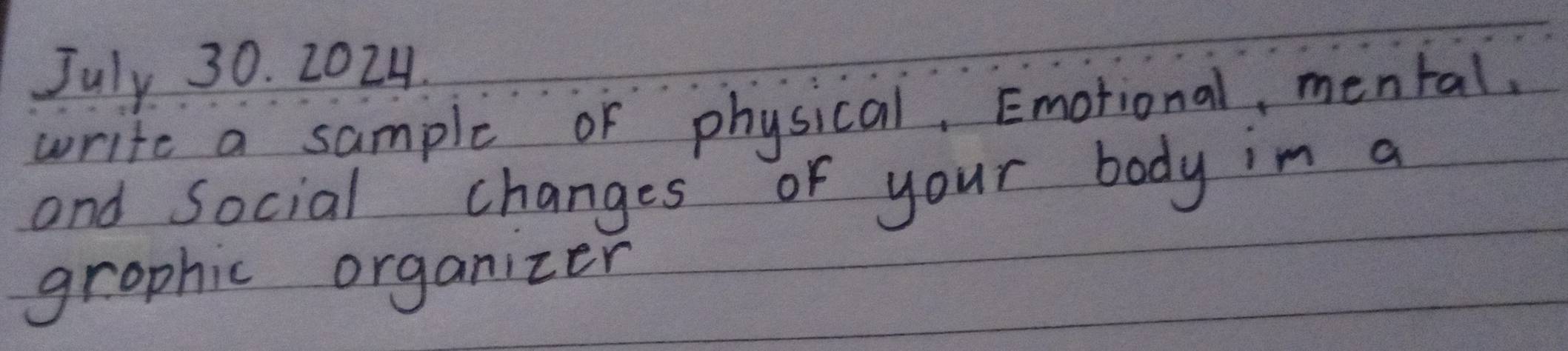 Solved: July 30. 2024. write a sample of physical, Emotional, mental ...