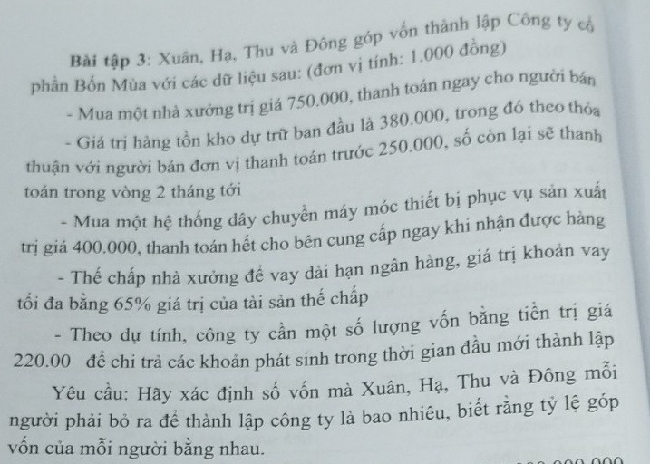 Bài tập 3: Xuân, Hạ, Thu và Đông góp vốn thành lập Công ty cổ 
phần Bốn Mùa với các dữ liệu sau: (đơn vị tính: 1.000 đồng) 
- Mua một nhà xưởng trị giá 750.000, thanh toán ngay cho người bán 
- Giá trị hàng tồn kho dự trữ ban đầu là 380.000, trong đó theo thỏa 
thuận với người bán đơn vị thanh toán trước 250.000, số còn lại sẽ thanh 
toán trong vòng 2 tháng tới 
- Mua một hệ thống dây chuyển máy móc thiết bị phục vụ sản xuất 
trị giá 400.000, thanh toán hết cho bên cung cấp ngay khi nhận được hàng 
- Thế chấp nhà xưởng để vay dài hạn ngân hàng, giá trị khoản vay 
tối đa bằng 65% giá trị của tài sản thế chấp 
- Theo dự tính, công ty cần một số lượng vốn bằng tiền trị giá
220.00 để chi trả các khoản phát sinh trong thời gian đầu mới thành lập 
Yêu cầu: Hãy xác định số vốn mà Xuân, Hạ, Thu và Đông mỗi 
người phải bỏ ra để thành lập công ty là bao nhiêu, biết rằng tỷ lệ góp 
vốn của mỗi người bằng nhau.