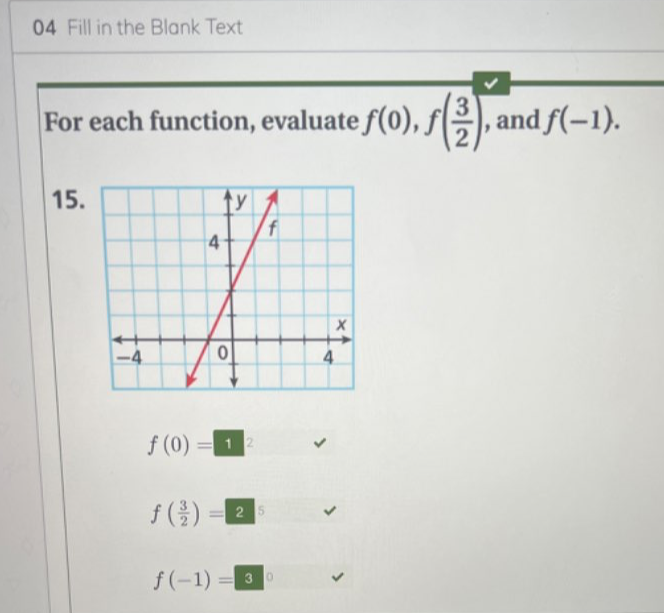 Fill in the Blank Text 
For each function, evaluate f(0), f( 3/2 ) , and f(-1). 
15.
f(0)=□^2
f( 3/2 )=2^5
f(-1)=3