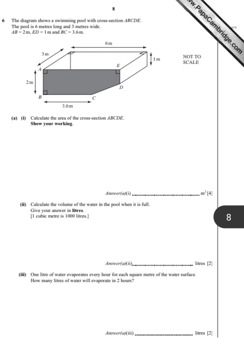 Solved: 8 6 The diagram shows a swimming pool with cross-section ABCDE ...