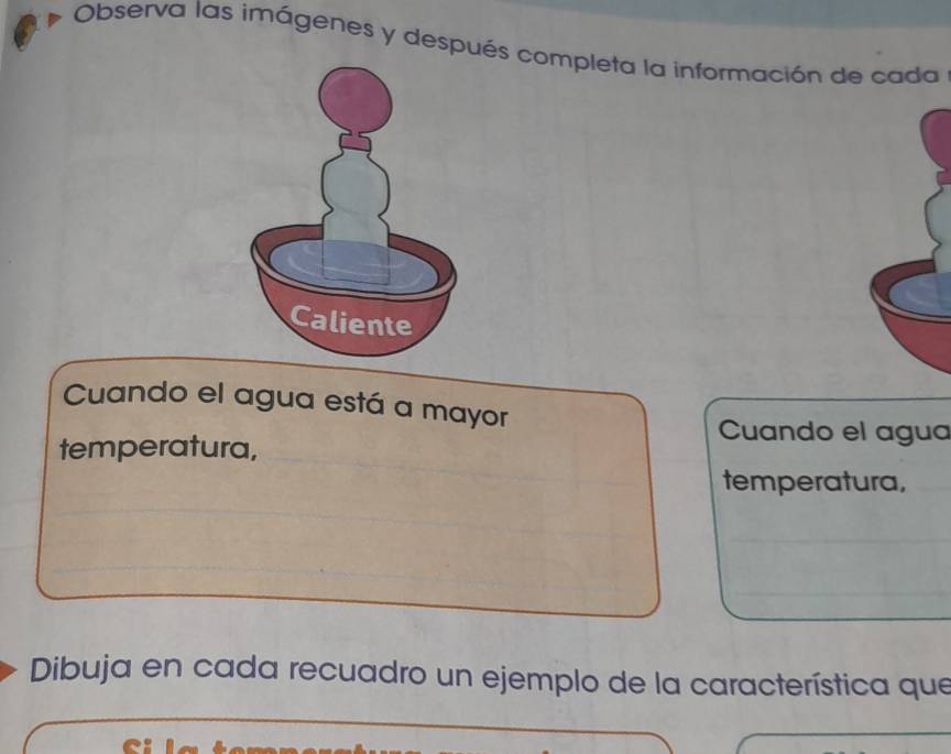 Observa las imágenes y después completa la información de cada 
Cuando el agua está a mayor 
Cuando el agua 
temperatura, 
temperatura, 
Dibuja en cada recuadro un ejemplo de la característica que