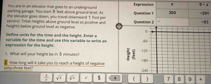 You are in an elevator that goes to an underground Expression x 9-x
parking garage. You start 9 feet above ground level. As Question 1 300 -291
the elevator goes down, you travel downward 1 foot per
second. Treat heights above ground level as positive and 4 Question 2 - -63
heights below ground level as negative.
0
Define units for the time and the height. Enter a
variable for the time and use this variable to write an -60
expression for the height.
1. What will your height be in 5 minutes?
E -120
2 How long will it take you to reach a height of negative -180
sixty- three feet? -240
 x/y  sqrt(x) sqrt[y](x) x $ x ( ) 7 8 9 +