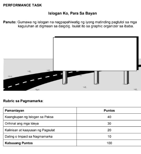 PERFORMANCE TASK 
Islogan Ko, Para Sa Bayan 
Panuto: Gumawa ng islogan na nagpapahiwatig ng iyong matinding pagtutol sa mga 
kaguluhan at digmaan sa daigdig. Isulat ito sa graphic organizer sa ibaba. 
Rubric sa Pagmamarka: