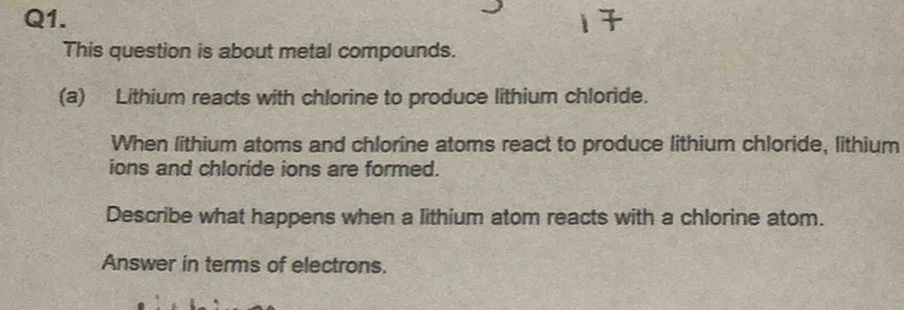 This question is about metal compounds. 
(a) Lithium reacts with chlorine to produce lithium chloride. 
When lithium atoms and chlorine atoms react to produce lithium chloride, lithium 
ions and chloride ions are formed. 
Describe what happens when a lithium atom reacts with a chlorine atom. 
Answer in terms of electrons.