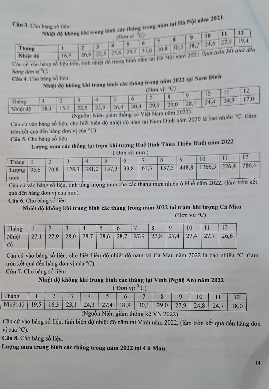 năm tại Hà Nội năm 2021
Câu 3. Cho
Căn cứ vào bảng số liệu trên, tính nhiệt đ
hàng đơn vị ^circ C)
Câu 4. Cho bảng số liệu:
độ không khí trung bình các tháng trong năm 2022 tại Nam Định
(Nguồn: Niên giám thốn
Căn cử vào bảng số liệu, cho biết biên độ nhiệt độ năm tại Nam Định năm 2020 là bao nhiêu°C (làm
tròn kết quả đến hàng đơn vị của°C
Câu 5. Cho bảng số liệu
Lượng mưa các thống tại trạm khí tượng Huế (tỉnh Thừa Thiên Huế) năm 2022
Căn cứ vào bảng số liệu, tính tổng lượng mưa của các tháng mư
quả đến hàng đơn vị của mm).
Câu 6. Cho bảng số liệu:
Nhiệt độ không khí trung bình các tháng trong năm 2022 tại trạm khí tượng Cà Mau
(Đơn vi: °C)
Căn cứ vào bảng số liệu, cho biết biên độ nhiệt độ năm tại Cà Mau năm 2022 là bao nhiêu°C. (làm
tròn kết quả đến hàng đơn vị c ua° C).
Câu 7. Cho bảng số liệu:
Nhiệt độ không khí trung bình các tháng tại Vinh (Nghệ An) năm 2022
(Nguồn Niên giám thống kê VN 2022)
Căn cứ vào bảng số liệu, tính biên độ nhiệt độ năm tại Vinh năm 2022, (làm tròn kết quả đến hàng đơn
vị của°C).
Câu 8. Cho bảng số liệu:
Lượng mưa trung bình các tháng trong năm 2022 tại Cà Mau
14