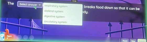 17/20
The Select answer respiratory system breaks food down so that it can be
skeletal system bdy.
digestive system
circulatory system
Nyan
Reset Sklo