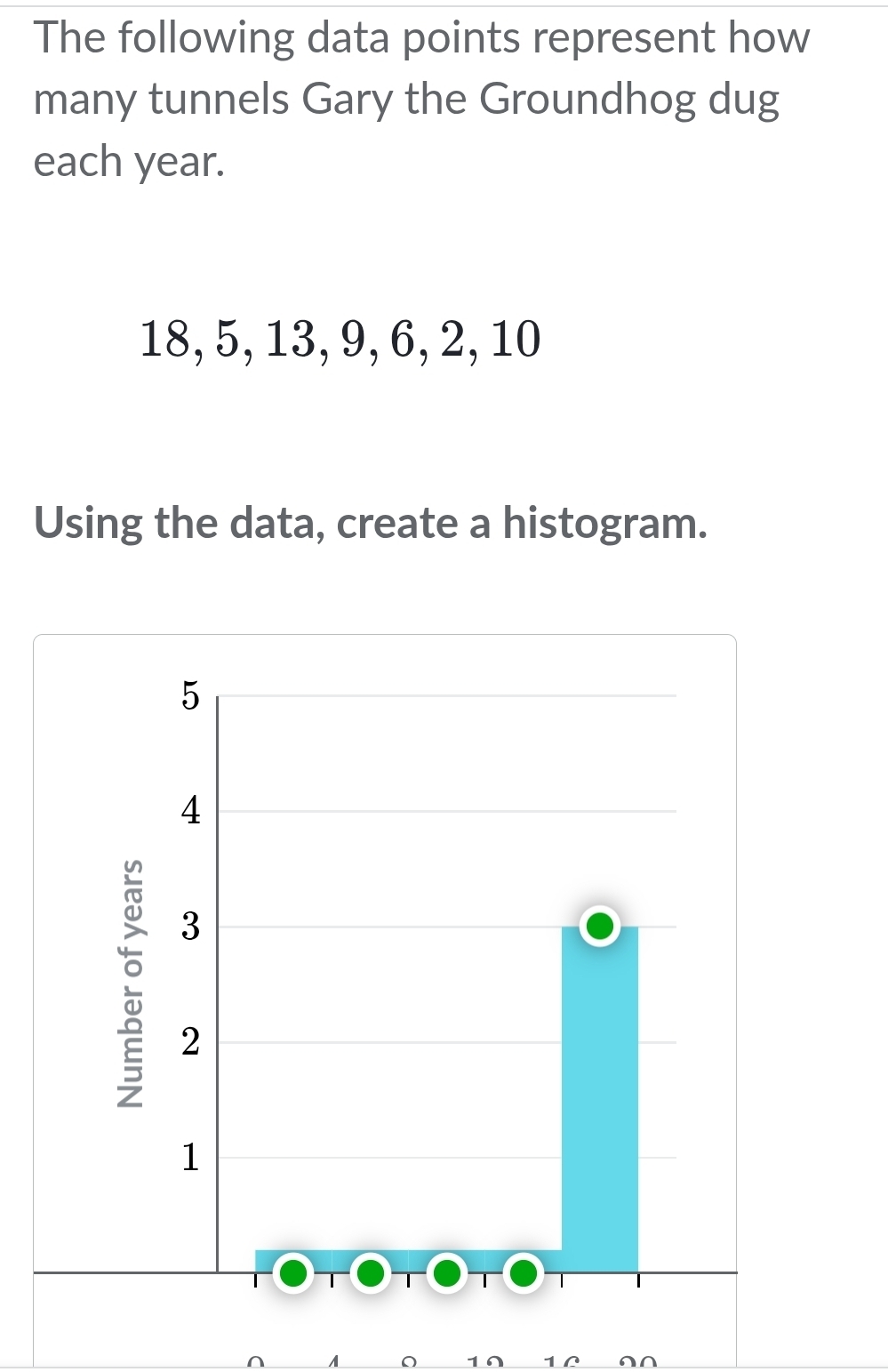 The following data points represent how 
many tunnels Gary the Groundhog dug 
each year.
18, 5, 13, 9, 6, 2, 10
Using the data, create a histogram. 
A
10