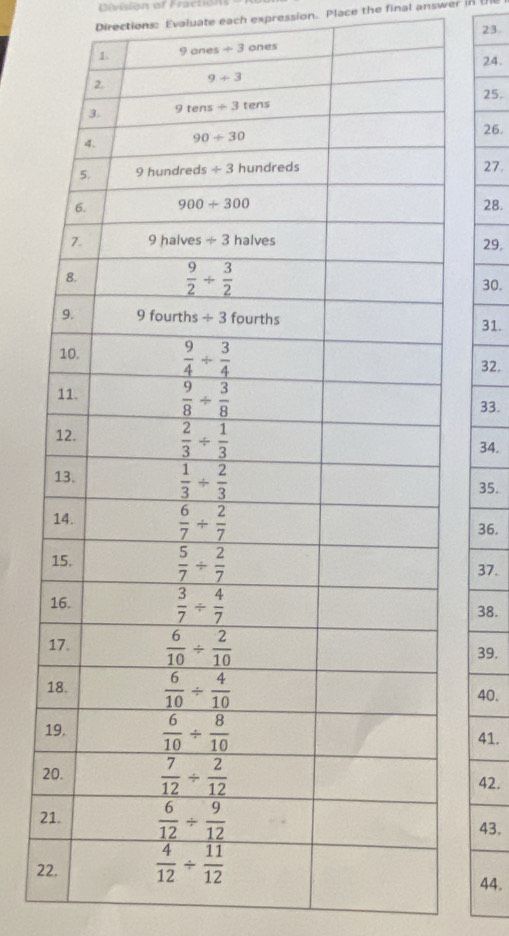 Division of Fractions
Directions: Evaluate each expression. Place the final answer in 
23.
ones
24.
25.
26.
27.
28.
29,
30.
31.
32.
33.
34.
35.
36.
37.
38.
39.
40.
41.
242.
2
43.
2
44.