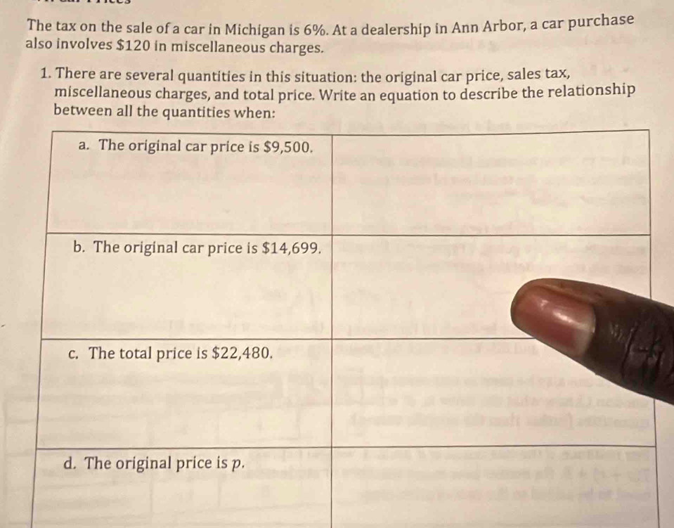 The tax on the sale of a car in Michigan is 6%. At a dealership in Ann Arbor, a car purchase 
also involves $120 in miscellaneous charges. 
1. There are several quantities in this situation: the original car price, sales tax, 
miscellaneous charges, and total price. Write an equation to describe the relationship 
between all the quantities when: