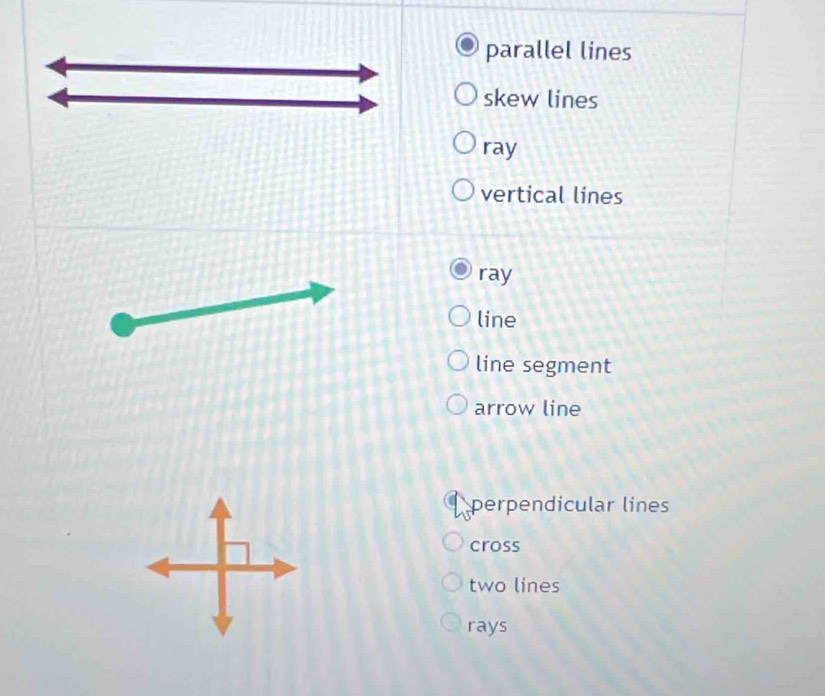 parallel lines
skew lines
ray
vertical lines
ray
line
line segment
arrow line
perpendicular lines
cross
two lines
rays