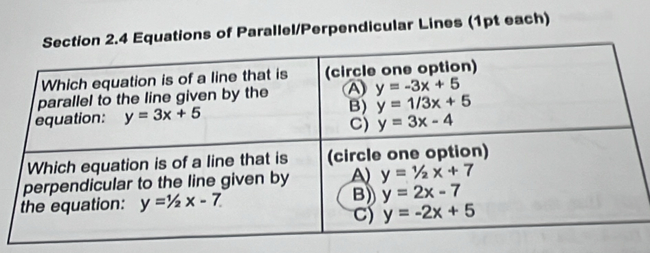 ations of Parallel/Perpendicular Lines (1pt each)