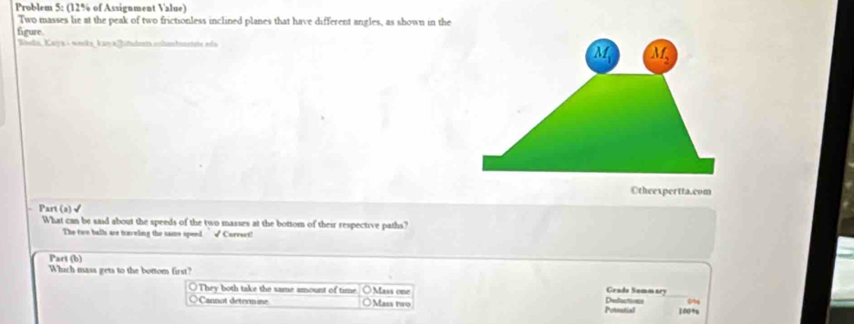 Problem 5: (12% of Assignment Value)
Two masses lie at the peak of two frictionless inclined planes that have different angles, as shown in the
figure 
öula, Kay a - wocka_ kar aRotudenza cnhumbmentate nda
Otheexpertta.com
Part (a) √
What can be said about the speeds of the two masses at the bottom of their respective paths?
The two ball are trareling the same speed. √ Correct!
Part (b)
Which mass gets to the bottom first?
They both take the same amount of time Mass one
Grado Sommary
0/9
Cannot determine Maes two Poreutial Deductions 100%