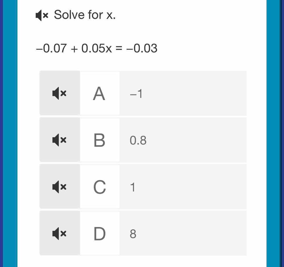 Solve for x.
-0.07+0.05x=-0.03