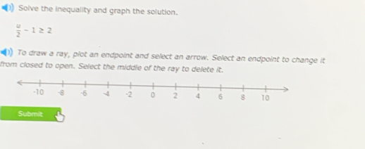 Solve the inequality and graph the solution.
 u/2 -1≥ 2
To draw a ray, plot an endpoint and select an arrow. Select an endpoint to change it 
from closed to open. Select the middle of the ray to delete it. 
Submit