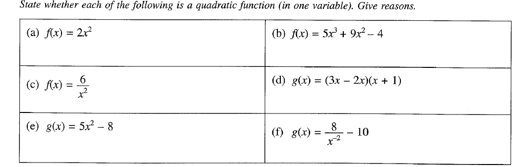 State whether each of the following is a quadratic function (in one variable). Give reasons.