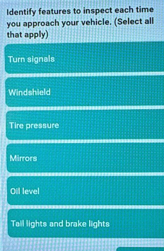 Identify features to inspect each time
you approach your vehicle. (Select all
that apply)
Turn signals
Windshield
Tire pressure
Mirrors
Oil level
Tail lights and brake lights