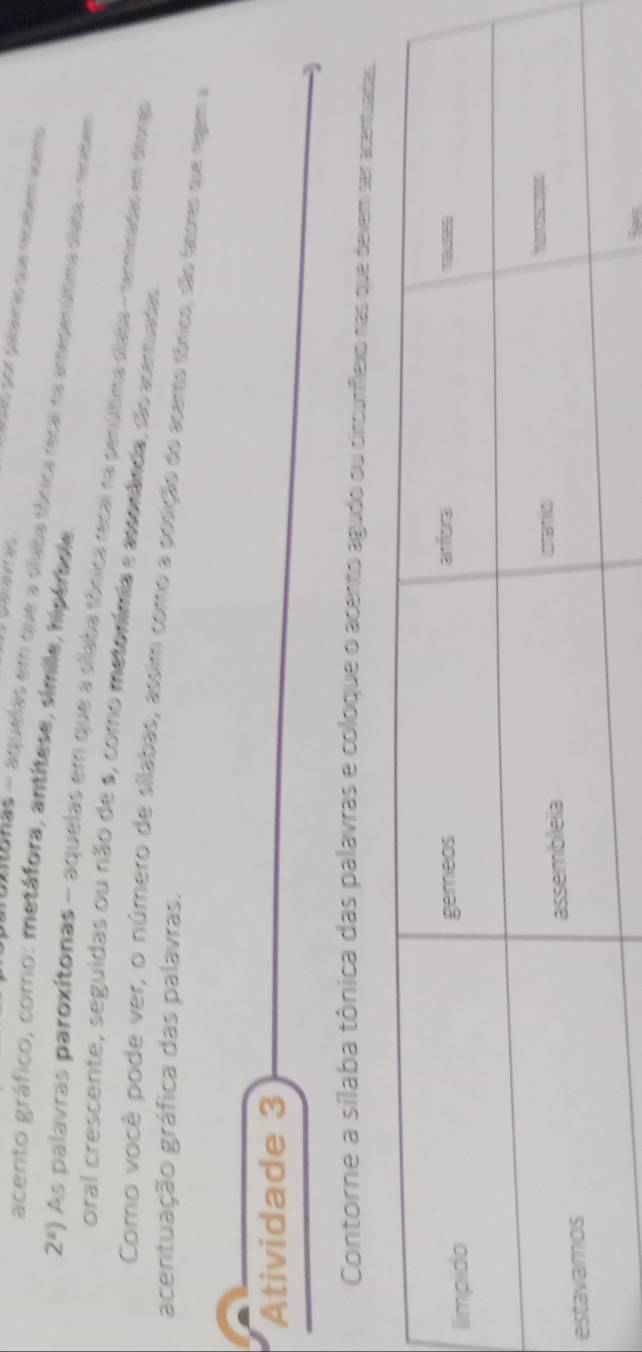 acento gráfico, como: metáfora, antítese, simile, hipérbole. 
monas - aquelas em que a dídba tírica recal oa anteperátma díaa - notem
2^s) As palavras paroxítonas - aquelas em que a sílaba tônica recal ra penúltica siata - terminadas em dengl 
oral crescente, seguidas ou não de s, como metonímia e assorânda, são acantuadas. 
Como você pode ver, o número de sílabas, assim como a posição do acanto tânico, são fatores que regem a 
acentuação gráfica das palavras. 
Atividade 3 
Contorne a sílaba tônica das palavras e coloque o acento agudo ou circunflexo nas que devem ser acentuadas.