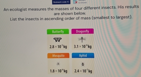 Bookwork code: 1C
An ecologist measures the masses of four different insects. His results
are shown below.
List the insects in ascending order of mass (smallest to largest).