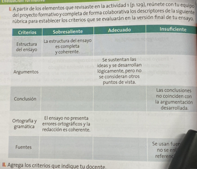 A partir de los elementos que revisaste en la actividad 1(p.129) ,reúnete con tu equipo 
del proyecto formativo y completa de forma colaborativa los descriptores de la siguiente 
criterios que se evaluarán en la versión final de tu ensayo, 
s 
n 
ón 
II. Agrega los criterios que indique tu docente.