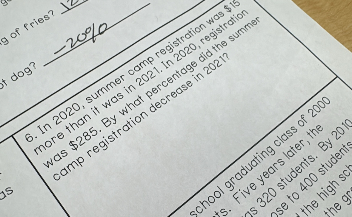 of fries? 
In 2020, summer camp registration was 
it dog? 
re than it was in 2021. In 2020, registra 
s $285. By what percentage did the sum 
mp registration decrease in 20
nool graduating class of 2. Five years later, t 
s 320 students. By 2
se to 400 stude 
the high s 
as 
the g