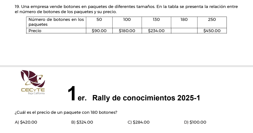 Una empresa vende botones en paquetes de diferentes tamaños. En la tabla se presenta la relación entre
el número de botones de los paquetes y su precio.
Baja California
CECYTE er. Rally de conocimientos 2025-1
¿Cuál es el precio de un paquete con 180 botones?
A) $420.00 B) $324.00 C) $284.00 D) $100.00