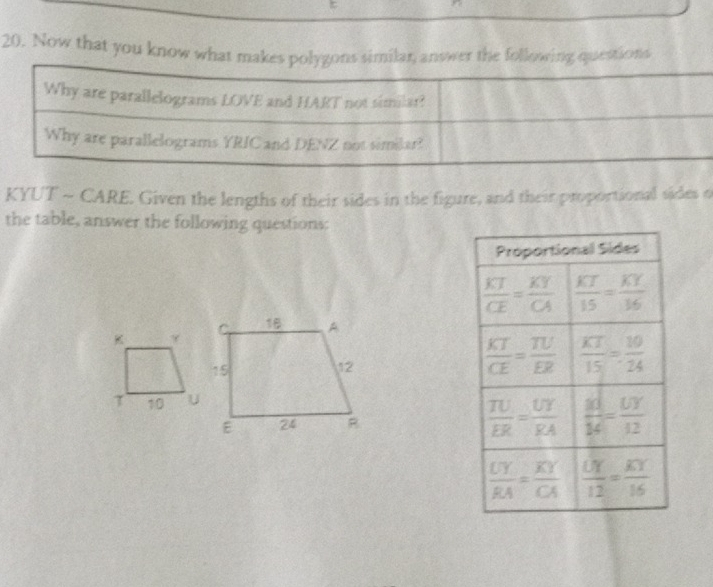 Now that you know what makes polygons similan, answer the following questions
Why are parallelograms LOVE and HART not similar?
Why are parallelograms YRIC and DENZ not similar?
KYUT - CARE. Given the lengths of their sides in the figure, and their proportional sides o
the table, answer the following questions: