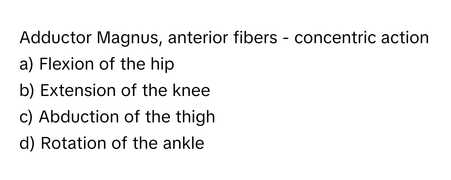 Adductor Magnus, anterior fibers - concentric action

a) Flexion of the hip
b) Extension of the knee
c) Abduction of the thigh
d) Rotation of the ankle