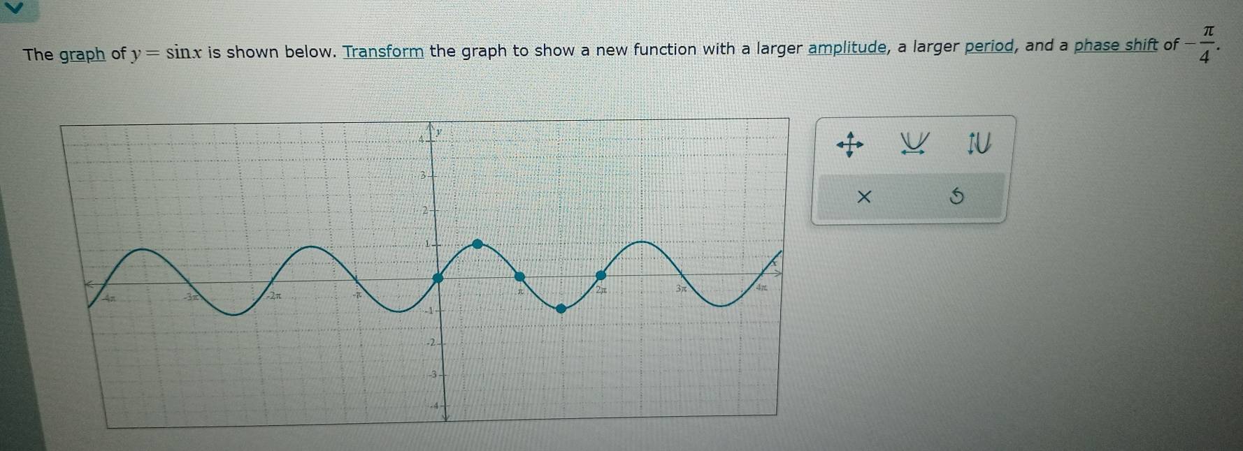 The graph of y=sin x is shown below. Transform the graph to show a new function with a larger amplitude, a larger period, and a phase shift of - π /4 . 
× 
5