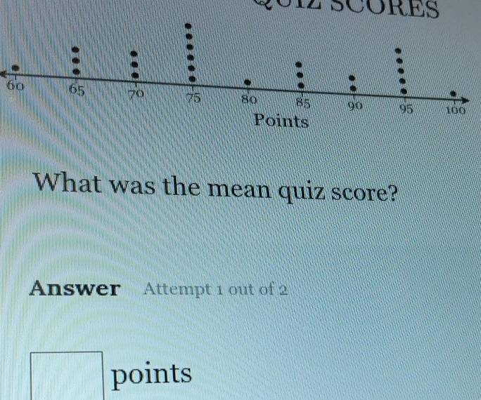 SCORES 
60 
What was the mean quiz score? 
Answer Attempt 1 out of 2 
points