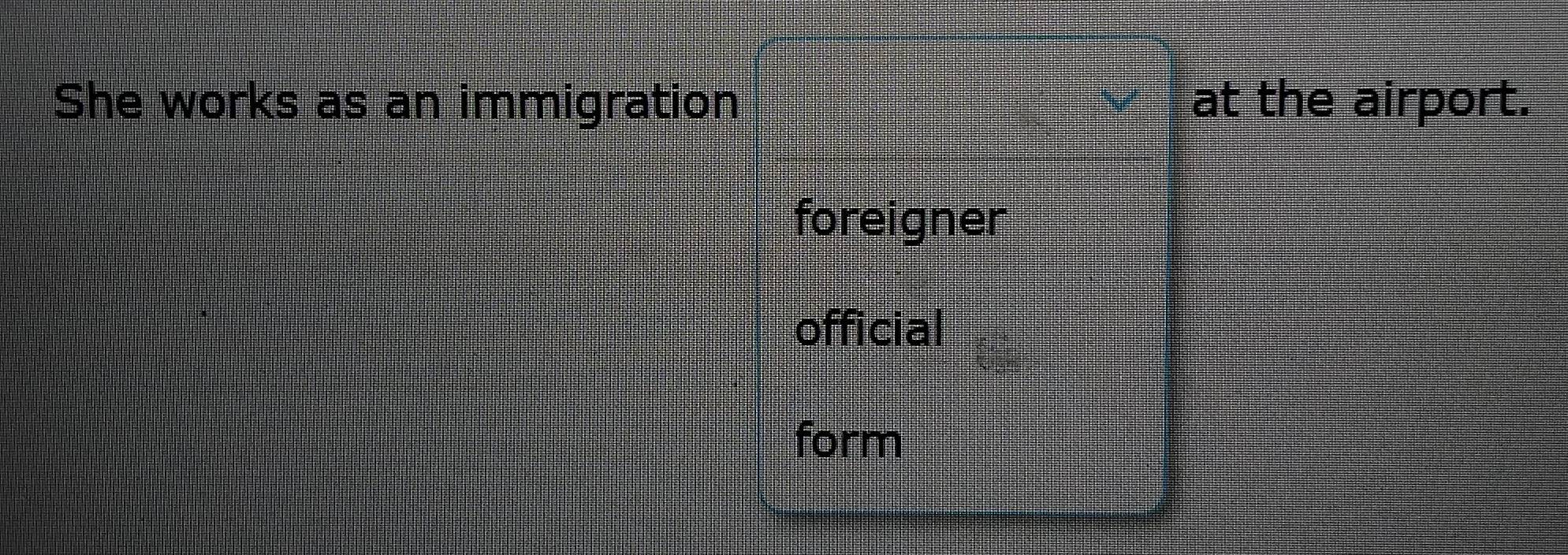 She works as an immigration at the airport.
foreigner
official
form