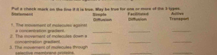 Put a check mark on the line if it is true. May be true for one or more of the 3 types.
Statement Simple Facilitated Active
Diffusion Diffusion Transport
1. The movement of molecules against
a concentration gradient.
_
_
_
2. The movement of molecules down a
concentration gradient.
_
_
_
3. The movement of molecules through
selective membrane proteins._
_
_