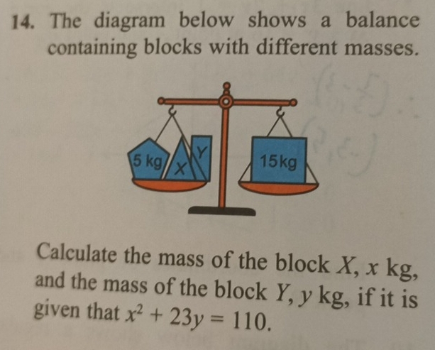 The diagram below shows a balance 
containing blocks with different masses. 
Calculate the mass of the block X, x kg, 
and the mass of the block Y, y kg, if it is 
given that x^2+23y=110.