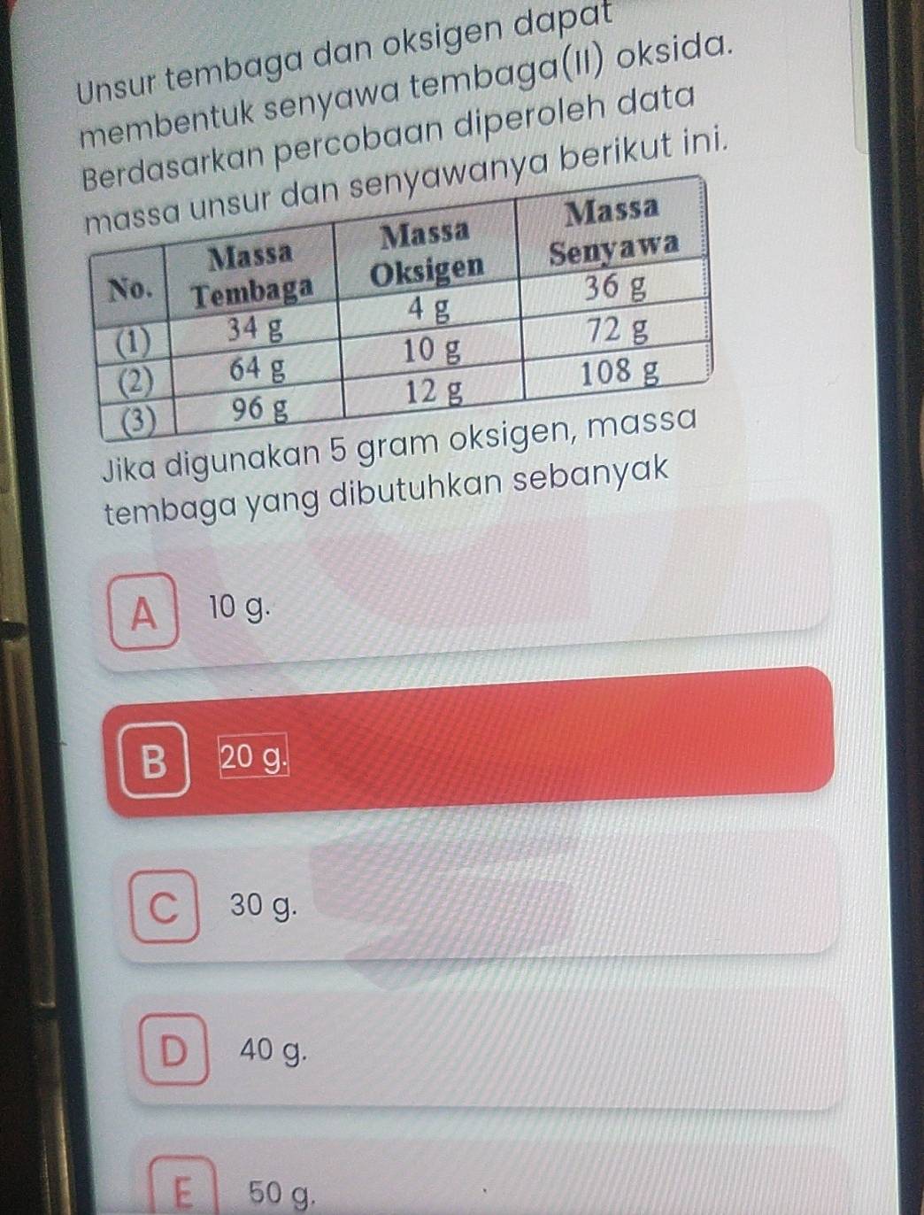 Unsur tembaga dan oksigen dapat
membentuk senyawa tembaga(II) oksida.
rkan percobaan diperoleh data
a berikut ini.
Jika digunakan 5
tembaga yang dibutuhkan sebanyak
A 10 g.
B 20 g.
C 30 g.
D 40 g.
E 50 g.