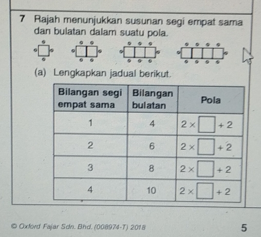 Rajah menunjukkan susunan segi empat sama
dan bulatan dalam suatu pola.
5 4
0 0
(a) Lengkapkan jadual berikut.
Oxford Fajar Sdn. Bhd. (008974-T) 2018 5