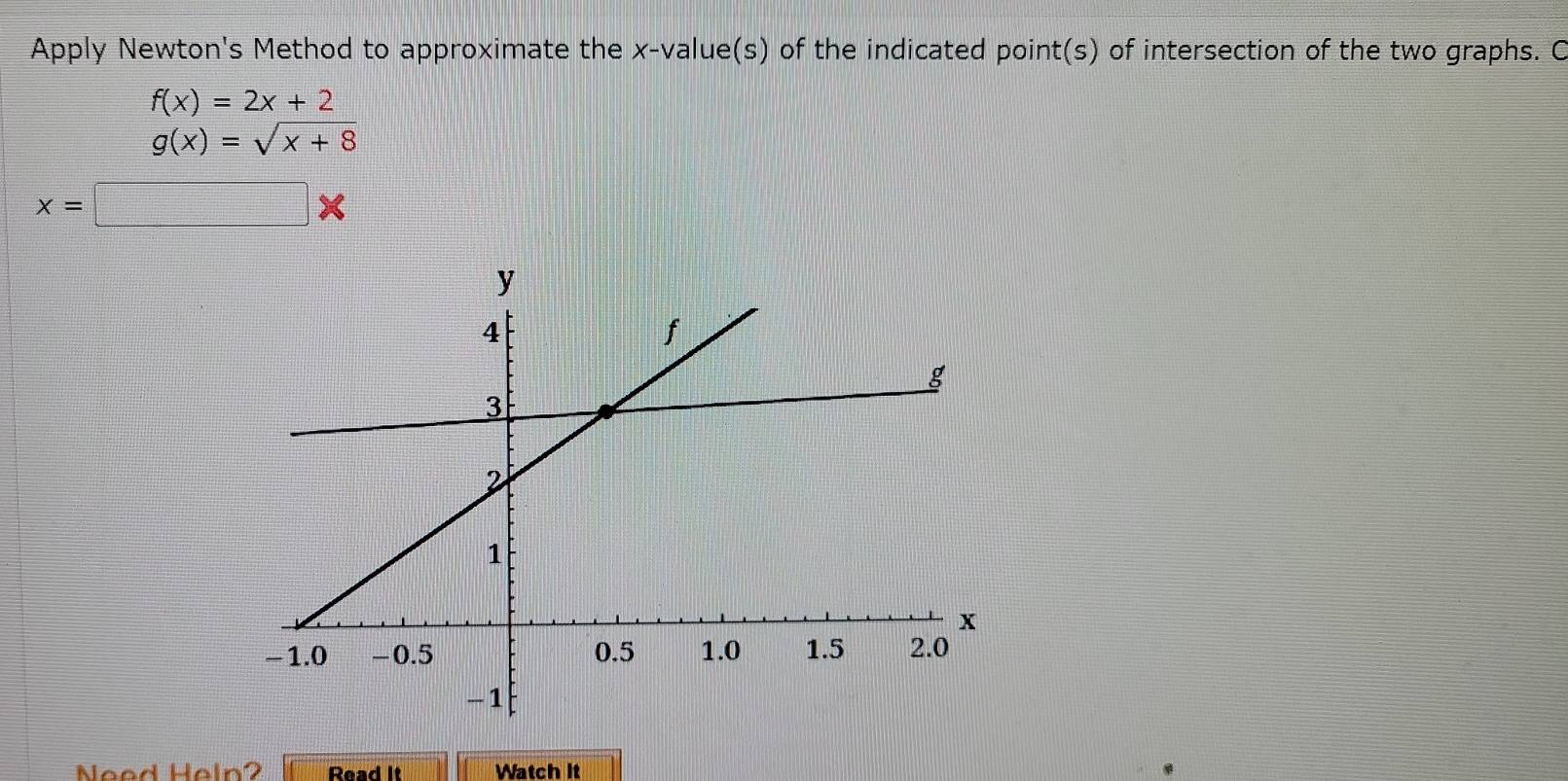 Apply Newton's Method to approximate the x -value(s) of the indicated point(s) of intersection of the two graphs. C
f(x)=2x+2
g(x)=sqrt(x+8)
x=□ *
Nead Heln2 Read It Watch It