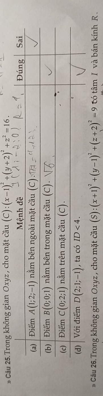 Câu 25.Trong không gian Oxyz , cho mặt cầu (C): (x-1)^2+(y+2)^2+z^2=16.
Câu 26. Trong không gian Oxyz, cho mặt cầu (S): (x+1)^2+(y-1)^2+(z+2)^2=9 có tâm I và bán kính R.