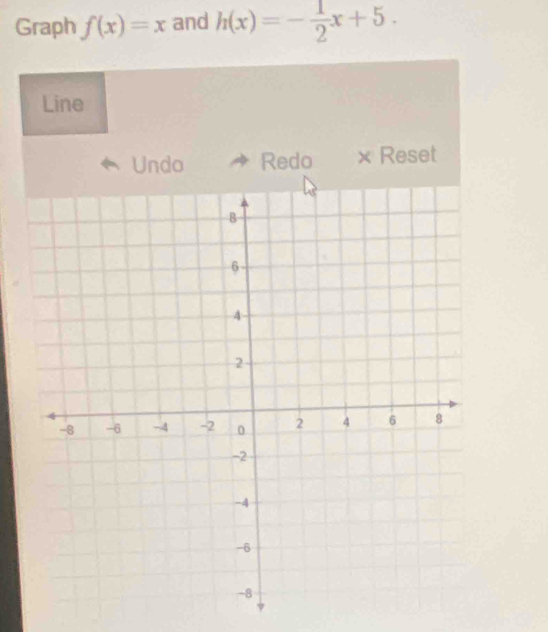 Graph f(x)=x and h(x)=- 1/2 x+5. 
Line 
Undo Redo × Reset