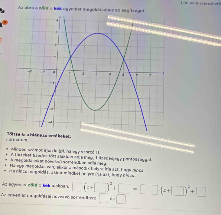 1,00 pont szerezhetö 
Az ábra a zöld = kék egyeniet megoldásához ad segítséget. 
tékeket. 
Formátum: 
Minden számot írjon ki (pl. ha egy szorzó 1). 
A törteket tizedes tört alakban adja meg, 1 tizedesjegy pontossággal. 
A megoldásokat növekvő sorrendben adja meg. 
Ha egy megoldás van, akkor a második helyre írja azt, hogy nincs. 
Ha nincs megoldás, akkor mindkét helyre írja azt, hogy nincs. 
Az egyenlet zöld = kék alakban: □ · (x+□ )^2+□ =□ · (x+□ )^2+□
Az egyenlet megoldásai növekvő sorrendben: □ és □