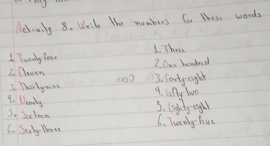 Activily 8. Write the numbers for these words 
1. Three 
1 Twenly foor 
2. One honded 
2 fleven 
3. fortyeight 
3. Thirdynine 4. Fifty two 
4. Nendy 
5. lighty eighl 
So Sixleen
60 Twenly-five
60 Sixty-Three