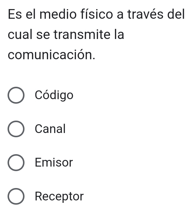 Es el medio físico a través del
cual se transmite la
comunicación.
Código
Canal
Emisor
Receptor